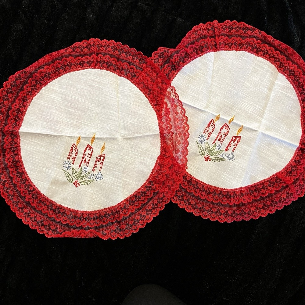 Set 2 Vtg Embroidered Christmas Doily Candle Lace Red White Kitsch Handmade 13"